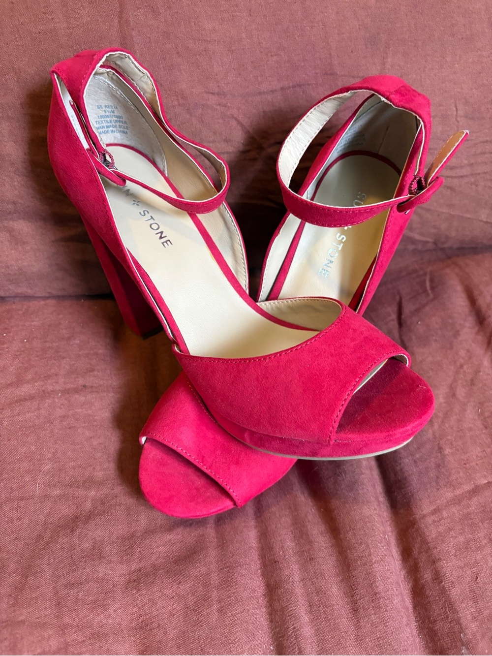 Sun + Stone Red Suede Block Heel Sandals
